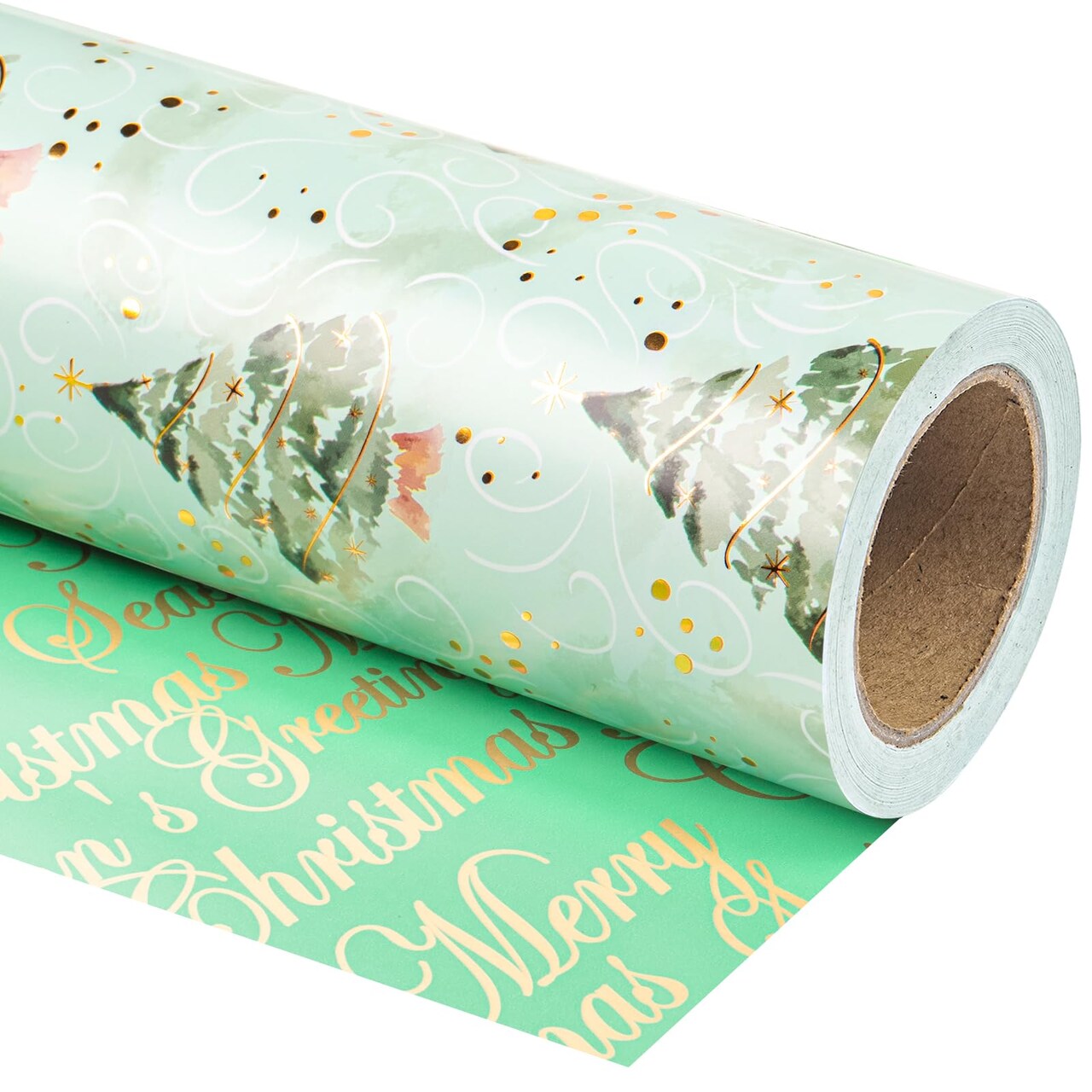 Reversible Green Christmas Wrapping Paper - Mini Roll - 17 Inch x 33 Feet - Watercolor Green Christmas Tree Wrapping Paper with Metallic Foil Shine for Holiday, Party, Celebration